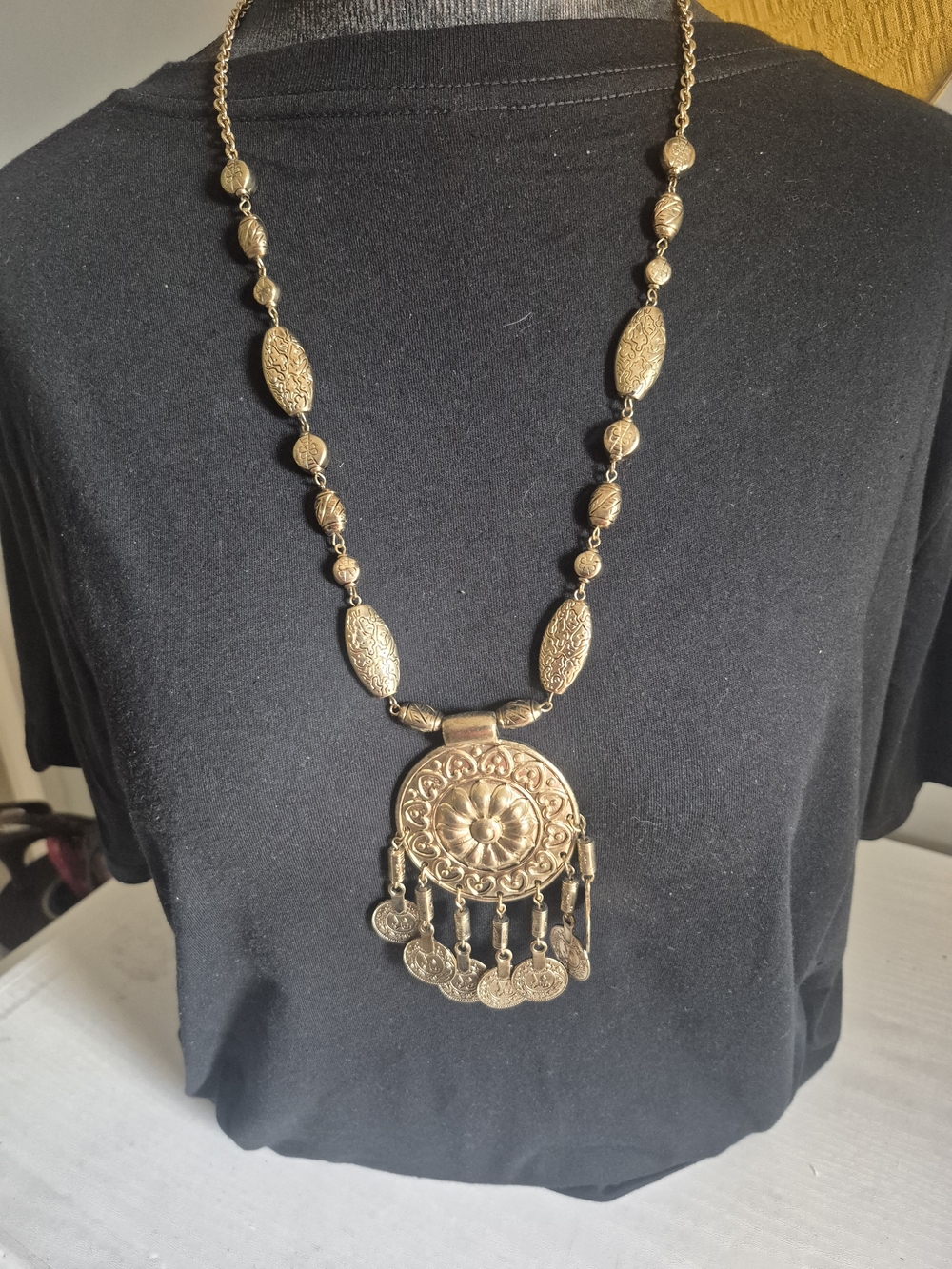 Gold-Tone Boho Coin Pendant Necklace with Filigree Beads